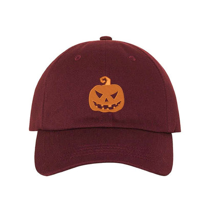 Burgundy Baseball hat embroidered with a orange jack o&