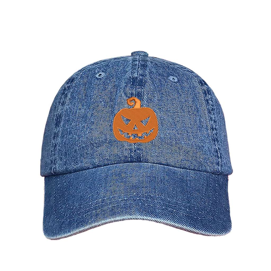 Light Denim Baseball hat embroidered with a orange jack o&