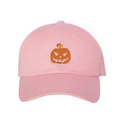 Light Pink Baseball hat embroidered with a orange jack o&