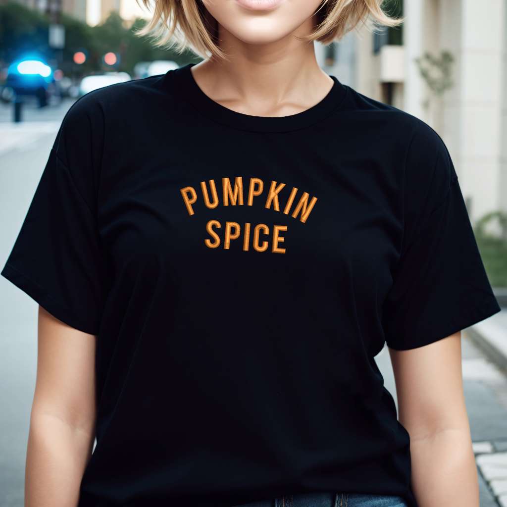 Female wearing a Black T-shirt embroidered with Pumpkin Spice - DSY Lifestyle