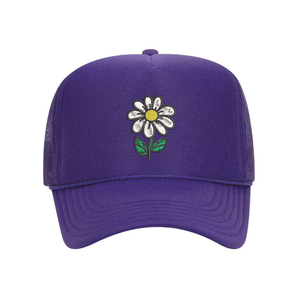 Purple foam trucker hat embroidered with a daisy stem flower- DSY Lifestyle