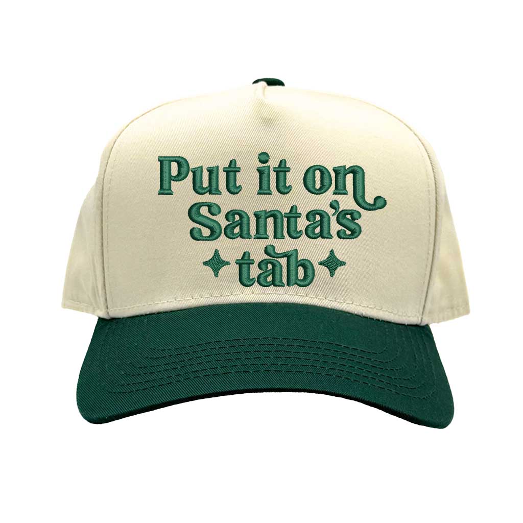 Natural Forest Green Put It On Santa’s Tab Two-Tone 5-Panel Embroidered Baseball Hat with festive embroidery and adjustable snapback closure – DSY Lifestyle