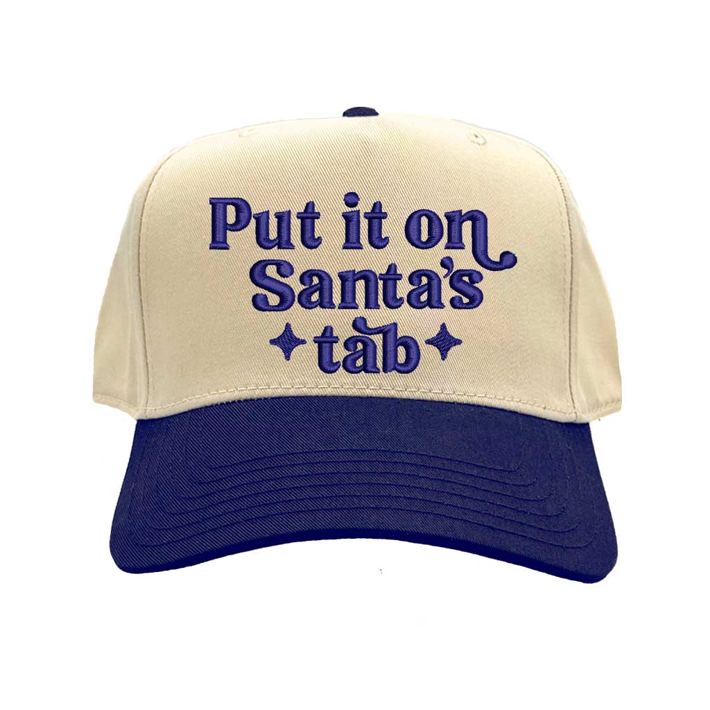 Natural Navy Blue Put It On Santa’s Tab Two-Tone 5-Panel Embroidered Baseball Hat with festive embroidery and adjustable snapback closure – DSY Lifestyle