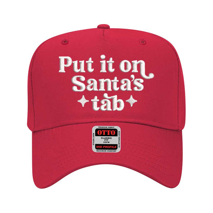 Solid Red Put It On Santa’s Tab 5-Panel Embroidered Baseball Hat with festive embroidery and adjustable snapback closure – DSY Lifestyle