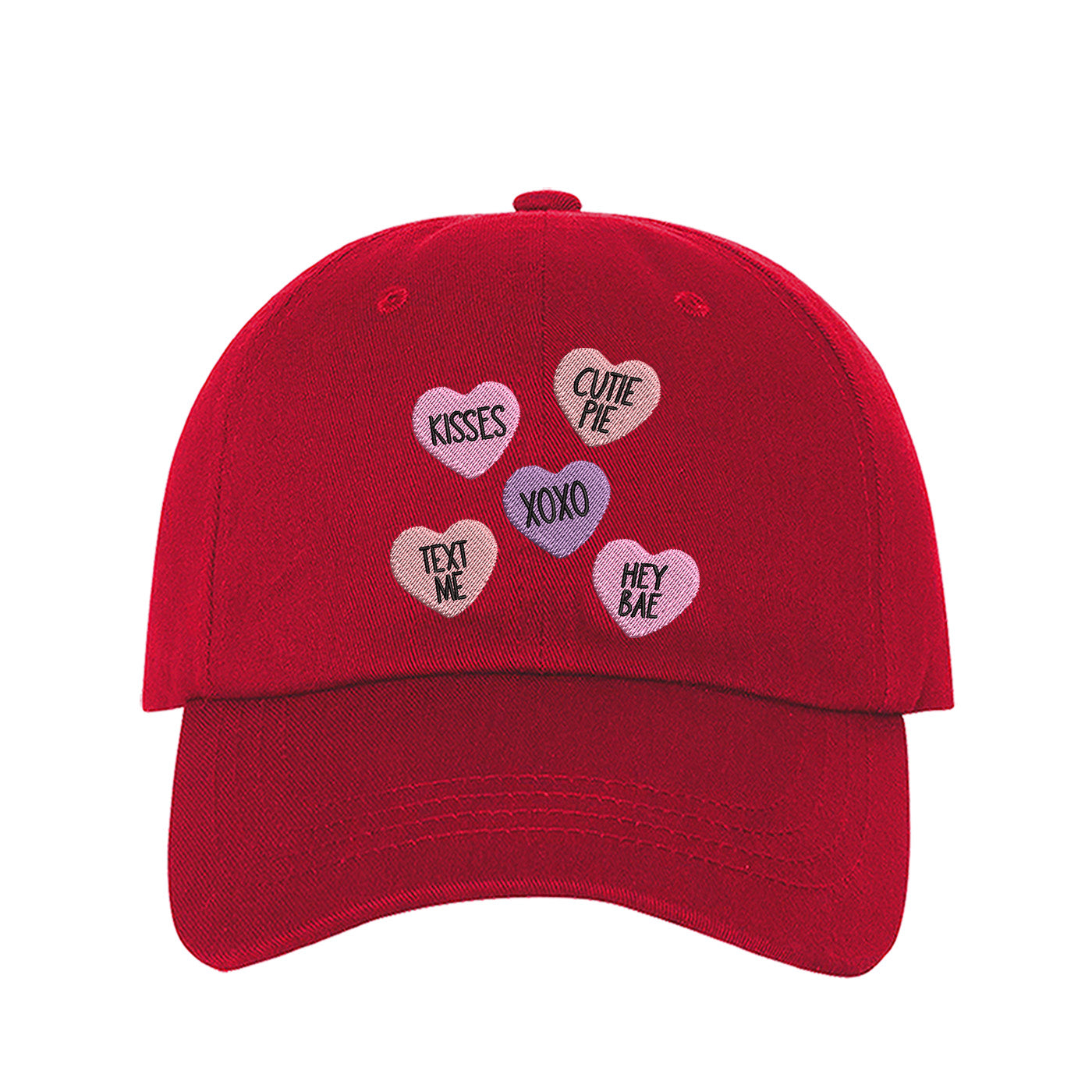 Red Conversation Hearts Baseball Hat featuring colorful, nostalgic candy heart embroidery on a classic dad hat; part of the DSY Lifestyle Valentine&