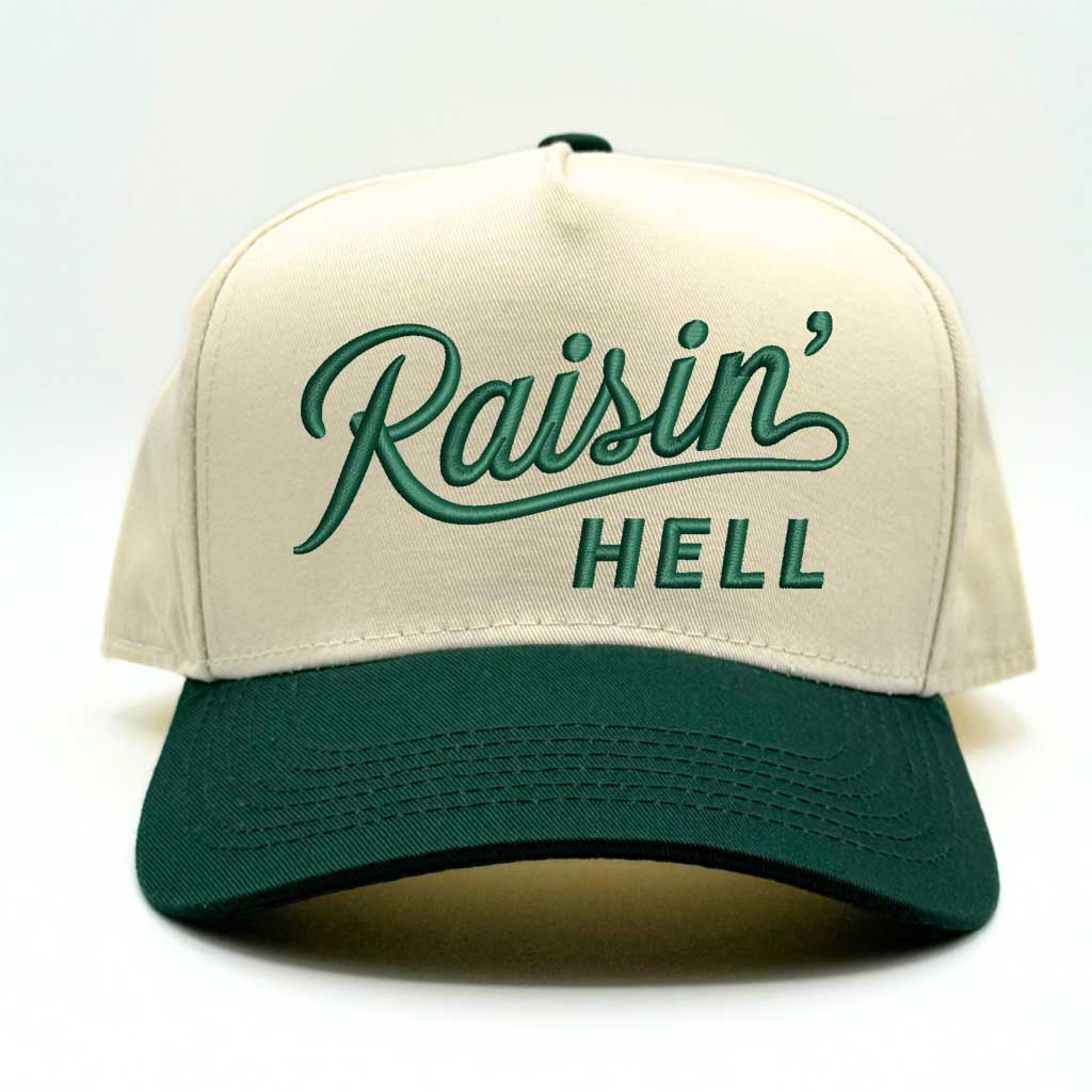 Natural Forest Green Raisin Hell 5-Panel Two-Tone Embroidered Baseball Hat – A bold, rebellious cap featuring premium embroidery and a sleek two-tone design for those who live unapologetically – DSY Lifestyle