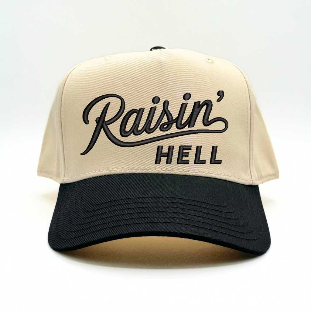 Natural Black Raisin Hell 5-Panel Two-Tone Embroidered Baseball Hat – A bold, rebellious cap featuring premium embroidery and a sleek two-tone design for those who live unapologetically – DSY Lifestyle