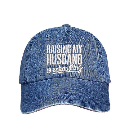 Light Denim Raising My Husband Is Exhausting Embroidered Baseball Hat with curved brim and adjustable hook an loop closure, perfect funny wife gift – DSY Lifestyle