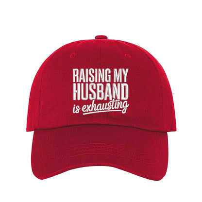 Red Raising My Husband Is Exhausting Embroidered Baseball Hat with curved brim and adjustable hook an loop closure, perfect funny wife gift – DSY Lifestyle