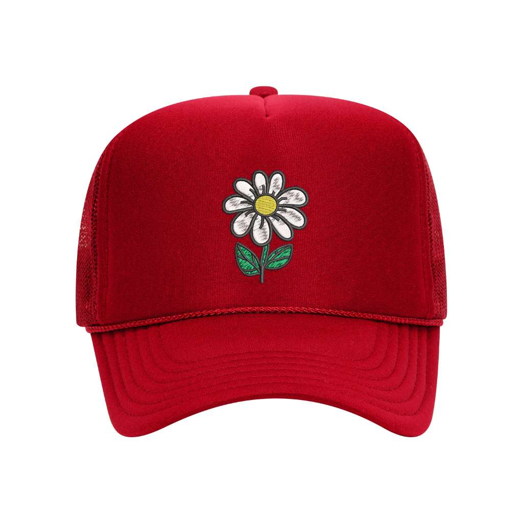 Red foam trucker hat embroidered with a daisy stem flower- DSY Lifestyle