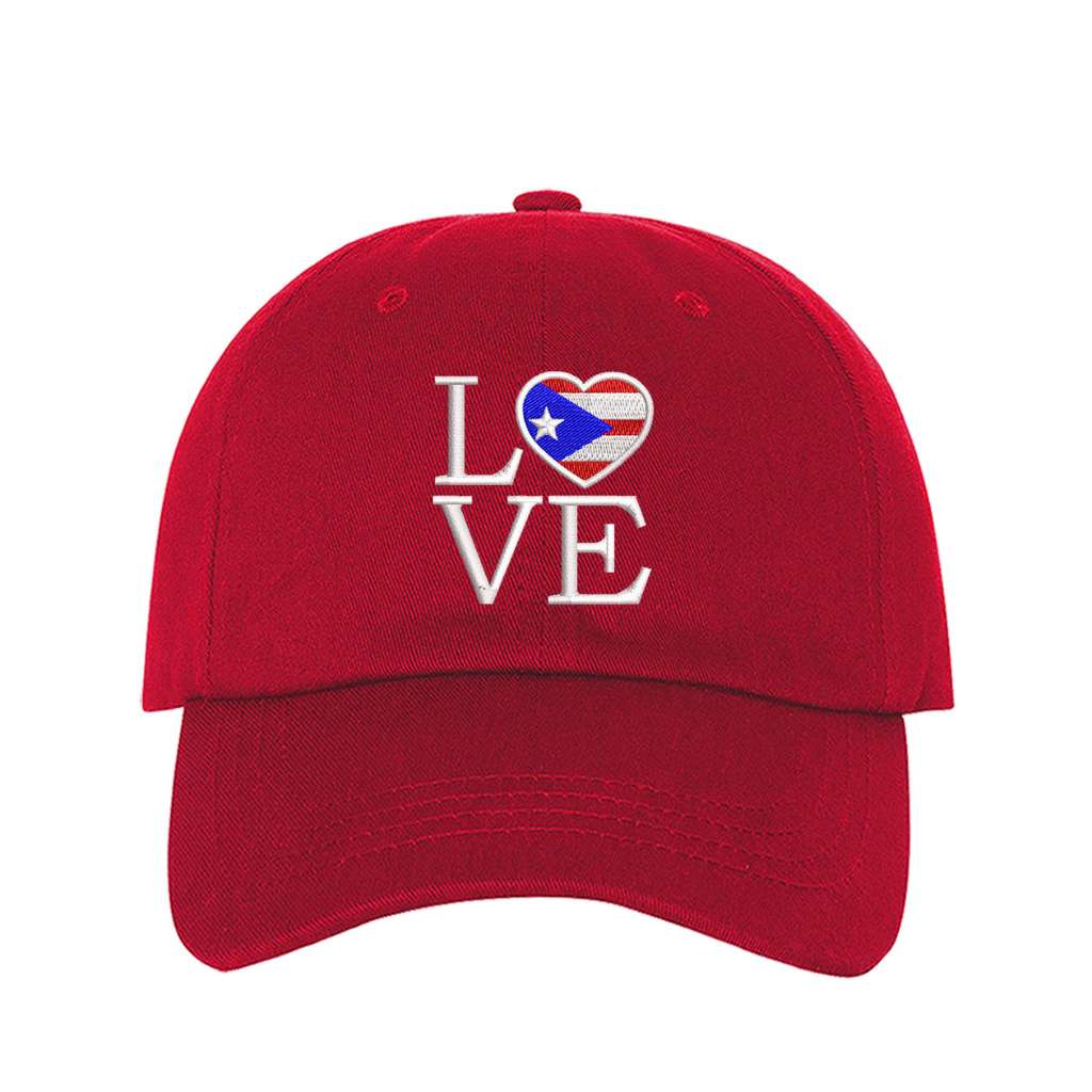 Red baseball hat embroidered with the word love with the o being in the hsape of a heart with the puerto rico flag-DSY Lifestyle