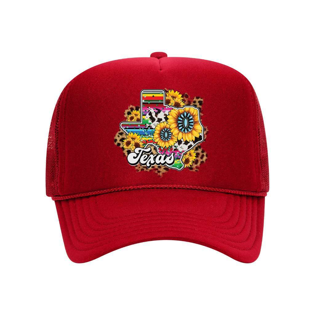 Red foam trucker hat printed with the texas map and sunflowers around it-DSY Lifestyle