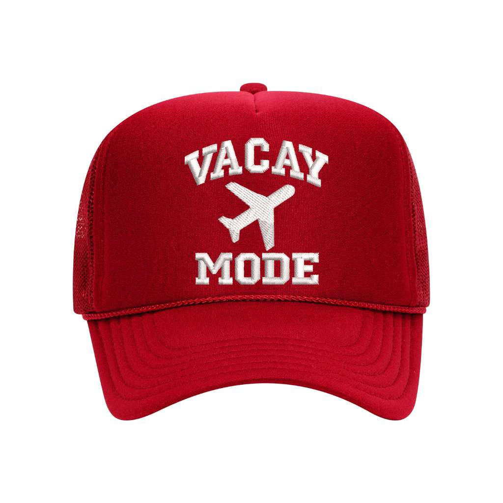 Red foam trucker hat embroidered with the phrase vacay mode and a airplane- DSY Lifestyle