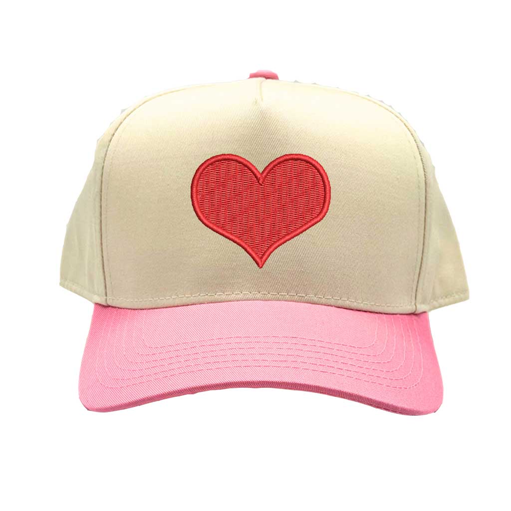 Natural Light Pink Red Heart Two-Tone Baseball Hat, a trendy heart-embroidered accessory perfect for Valentine&
