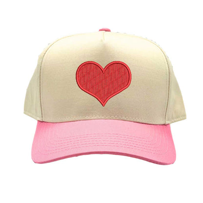 Natural Light Pink Red Heart Two-Tone Baseball Hat, a trendy heart-embroidered accessory perfect for Valentine&