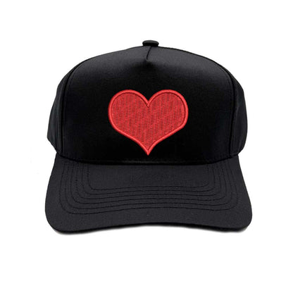 Solid Black Red Heart 5-Panel Baseball Hat, a trendy heart-embroidered accessory perfect for Valentine&