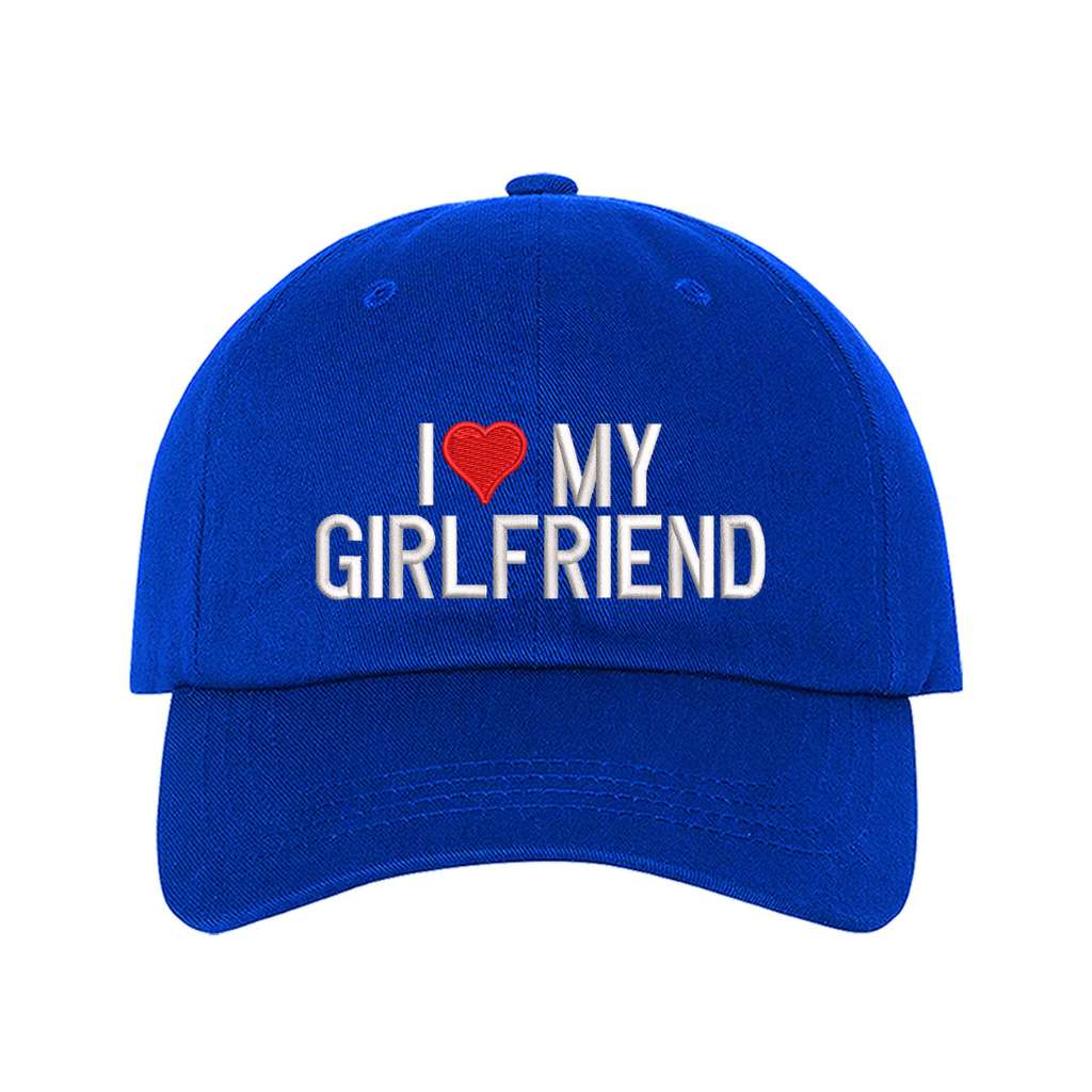 Royal blue baseball hat embroidered with the phrase i love my girlfriend but love is a heart- DSY Lifestyle