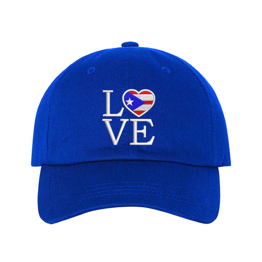 Royal blue baseball hat embroidered with the word love with the o being in the hsape of a heart with the puerto rico flag-DSY Lifestyle