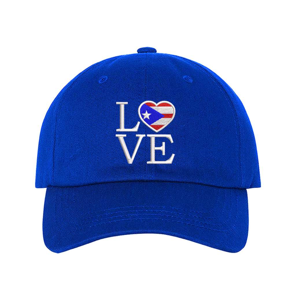 Blue baseball hat embroidered with Love but. the o in love is a heart with the puerto rico flag in it- DSY Lifestyle