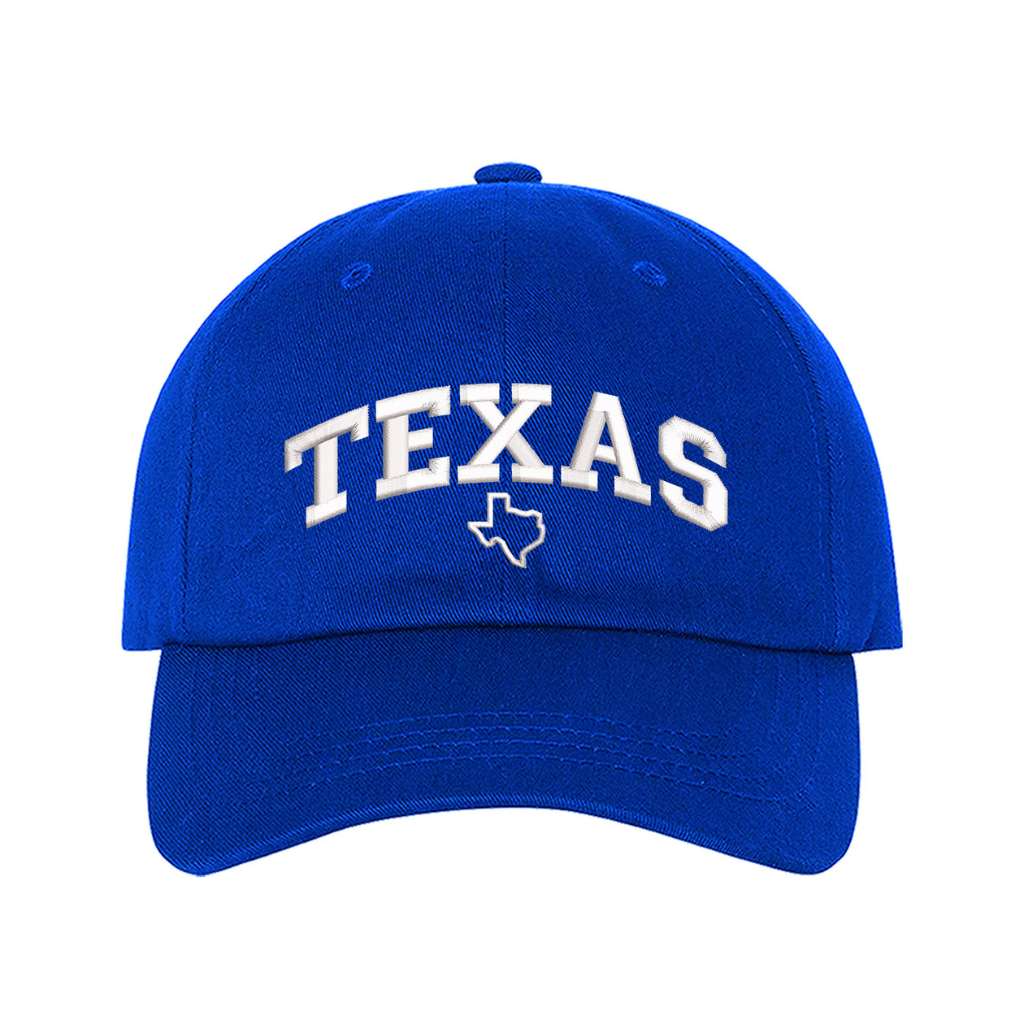 Royal blue baseball hat embroidered with the word texas and a small map of texas underneath the word- DSY Lifestyle