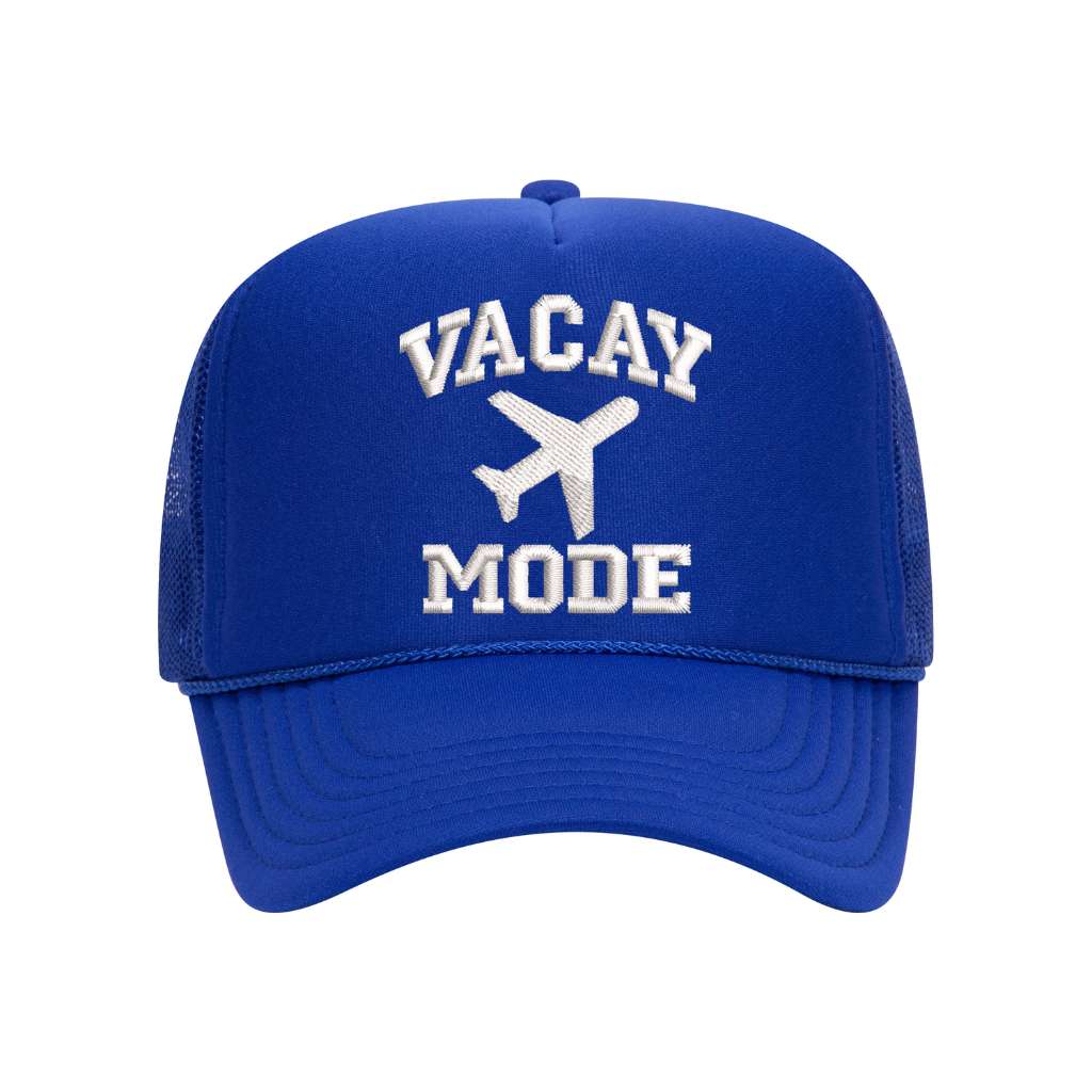 Royal Blue foam trucker hat embroidered with the phrase vacay mode and a airplane- DSY Lifestyle