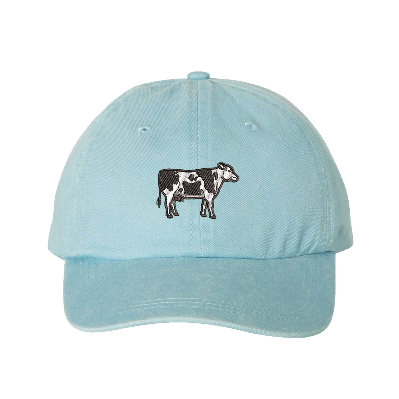 Sky Blue Holstein Cow Washed Baseball Hat featuring a detailed black and white Holstein cow embroidered on a premium washed cotton crown; a heritage-inspired farm life piece by DSY Lifestyle.