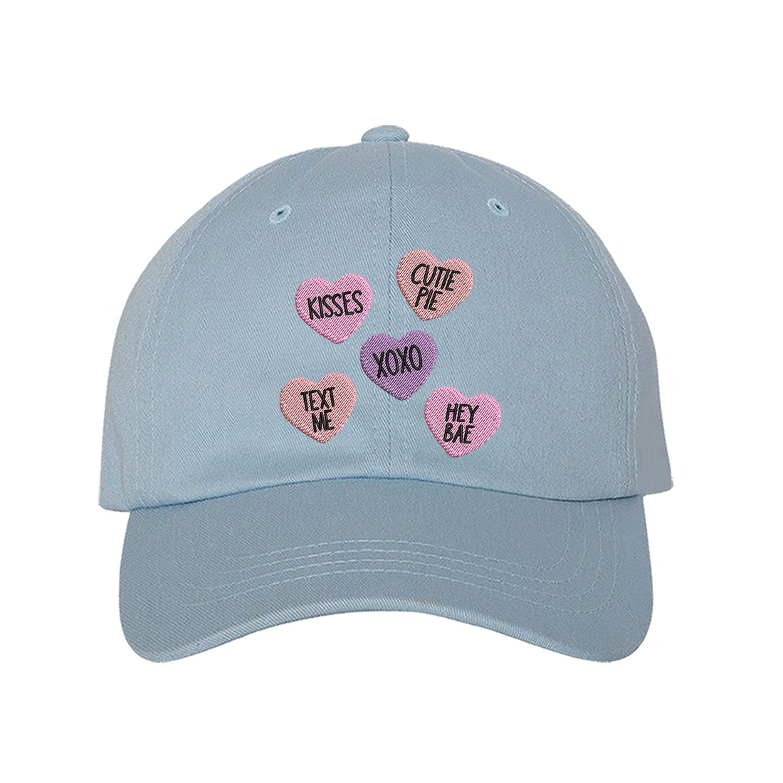 Sky Blue Conversation Hearts Baseball Hat featuring colorful, nostalgic candy heart embroidery on a classic dad hat; part of the DSY Lifestyle Valentine&