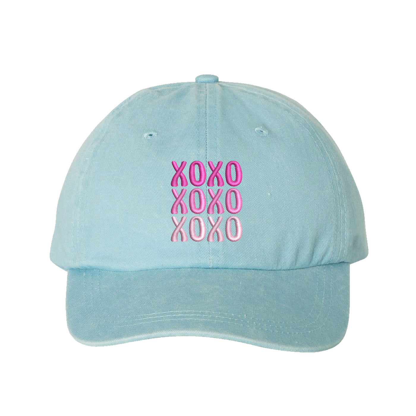 Sky Blue XOXO Washed Baseball Hat featuring white "XOXO" embroidery on a vintage-washed charcoal dad cap by DSY Lifestyle.