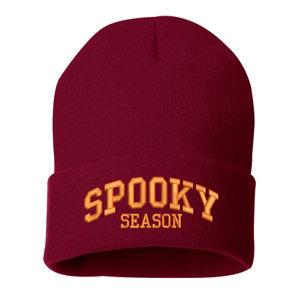 Burgundy Spooky Season Embroidered Beanie Cap featuring festive embroidery and cozy knit design perfect for fall and Halloween style – DSY Lifestyle