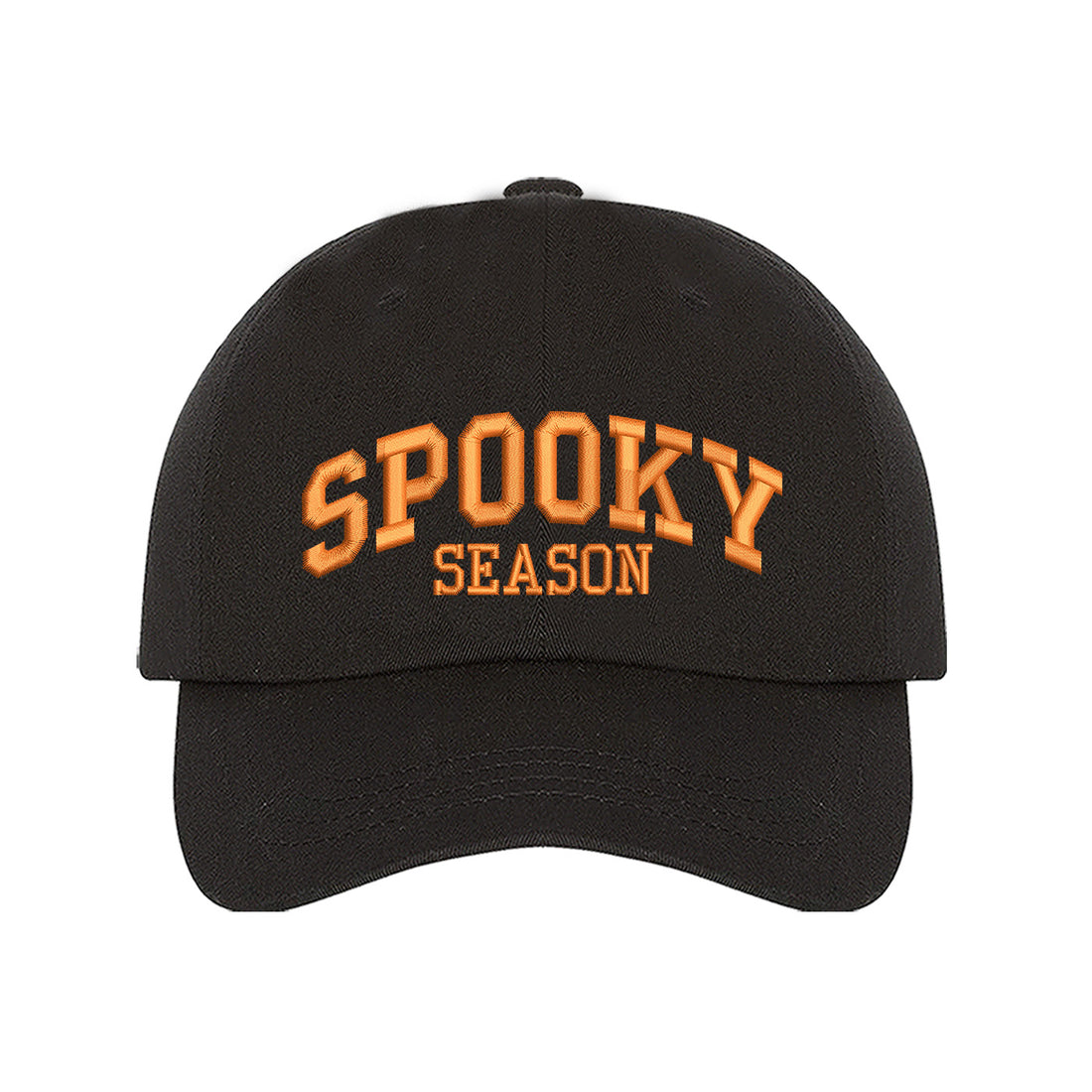 Black Spooky Season Halloween Embroidered Baseball Hat with festive orange stitching, adjustable strap, and classic cotton fit. – DSY Lifestyle