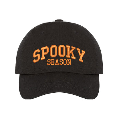 Black Spooky Season Halloween Embroidered Baseball Hat with festive orange stitching, adjustable strap, and classic cotton fit. – DSY Lifestyle