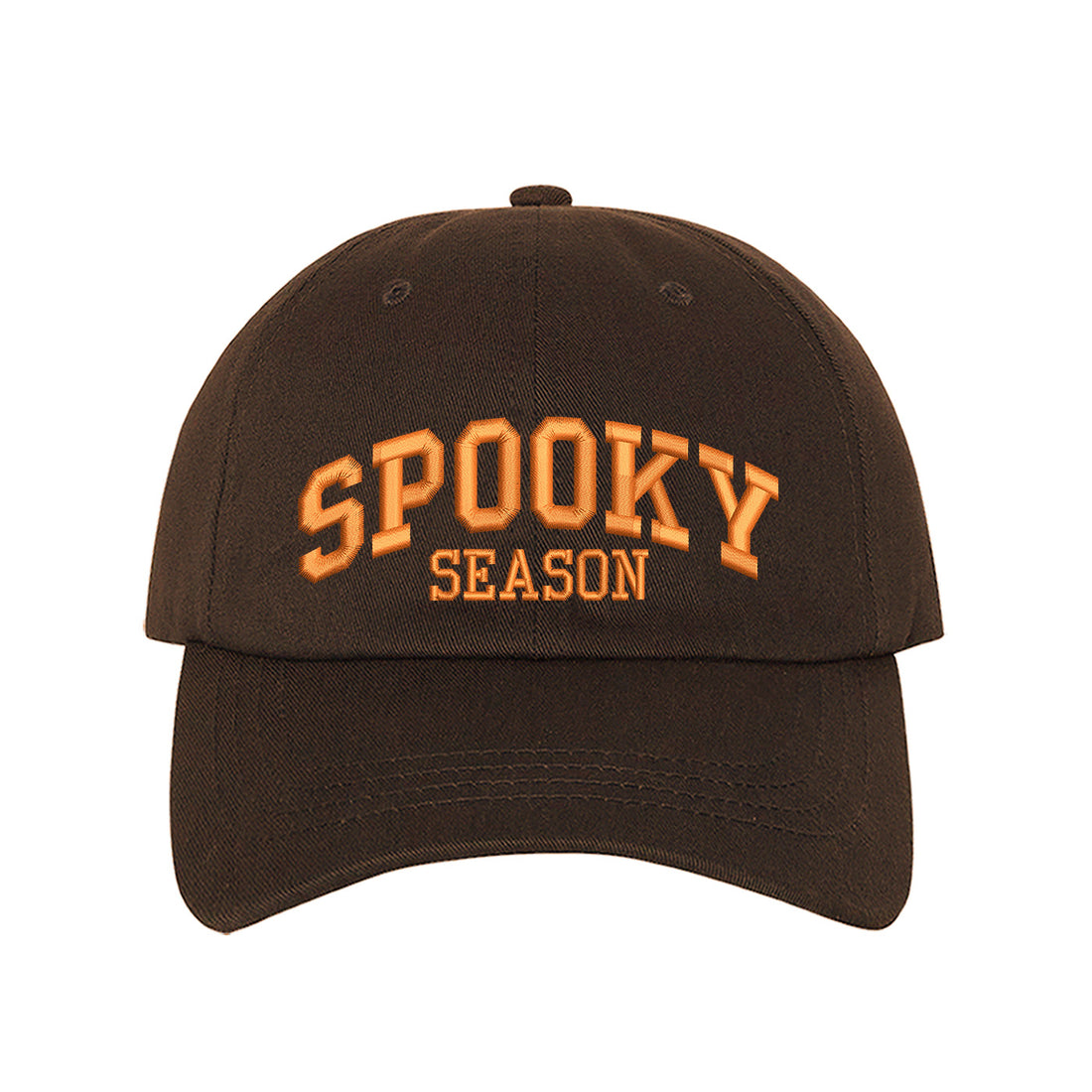 Brown Spooky Season Halloween Embroidered Baseball Hat with festive orange stitching, adjustable strap, and classic cotton fit. – DSY Lifestyle