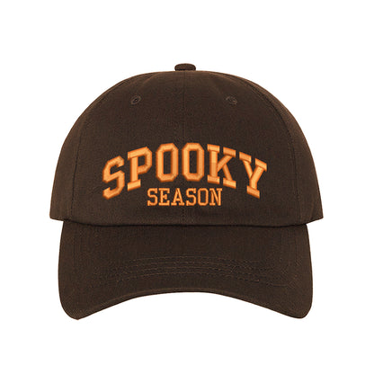 Brown Spooky Season Halloween Embroidered Baseball Hat with festive orange stitching, adjustable strap, and classic cotton fit. – DSY Lifestyle