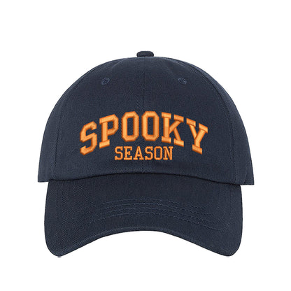 Navy Blue Spooky Season Halloween Embroidered Baseball Hat with festive orange stitching, adjustable strap, and classic cotton fit. – DSY Lifestyle