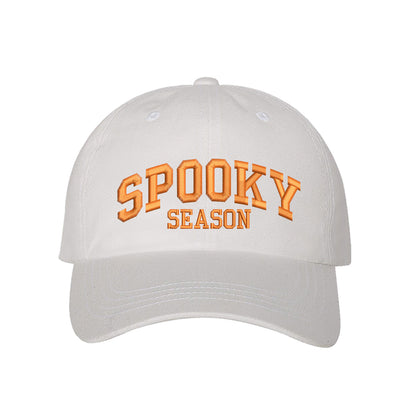 White Spooky Season Halloween Embroidered Baseball Hat with festive orange stitching, adjustable strap, and classic cotton fit. – DSY Lifestyle