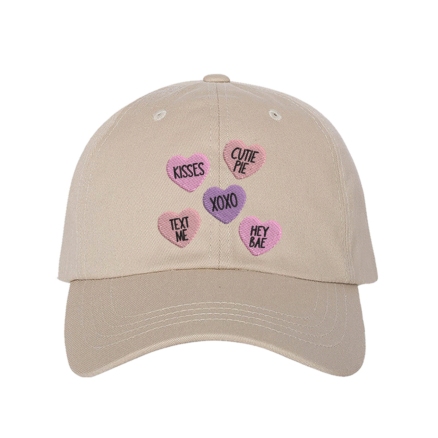 Stone Conversation Hearts Baseball Hat featuring colorful, nostalgic candy heart embroidery on a classic dad hat; part of the DSY Lifestyle Valentine&