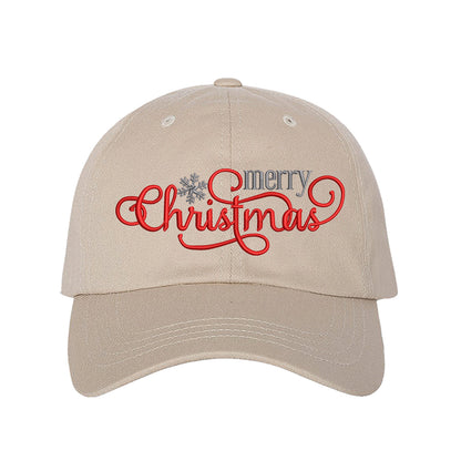 Stone Merry Christmas Snowflake Embroidered Baseball Hat featuring festive red and white embroidery, curved brim, and adjustable hook and loop closure for holiday style. - DSY Lifestyle