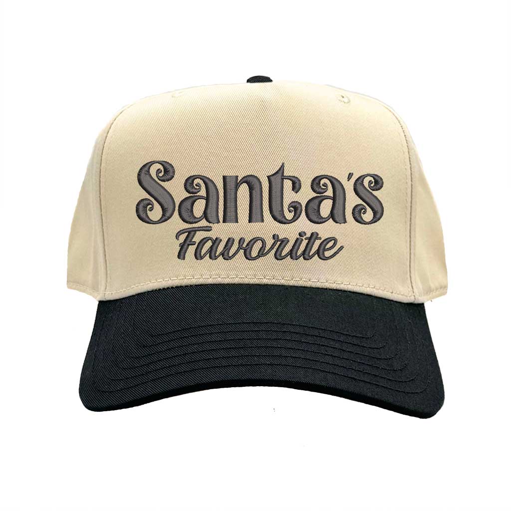 Natural Black Santa’s Favorite Christmas Two Tone 5 Panel Embroidered Baseball Hat with bold festive embroidery and adjustable snapback closure – DSY Lifestyle