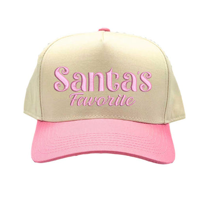 Natural Light Pink Santa’s Favorite Christmas Two Tone 5 Panel Embroidered Baseball Hat with bold festive embroidery and adjustable snapback closure – DSY Lifestyle