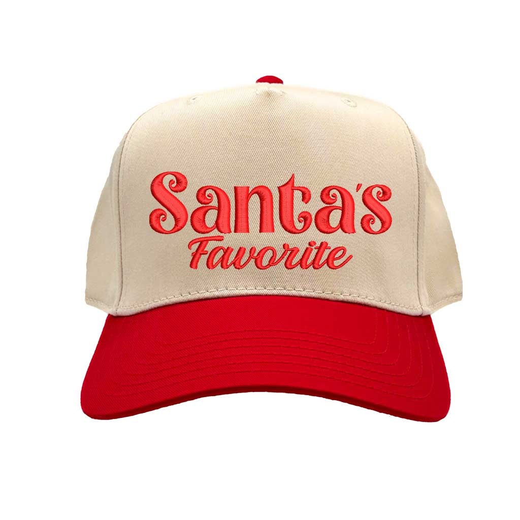 Natural Red Santa’s Favorite Christmas Two Tone 5 Panel Embroidered Baseball Hat with bold festive embroidery and adjustable snapback closure – DSY Lifestyle 
