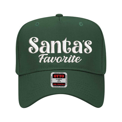 Forest Green Santa’s Favorite Christmas 5 Panel Embroidered Baseball Hat with bold festive embroidery and adjustable snapback closure – DSY Lifestyle
