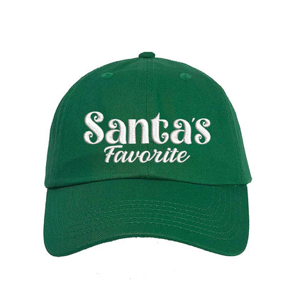 Kelly Green Santa’s Favorite Christmas Embroidered Baseball Hat featuring festive white stitching, curved brim, and adjustable strap for a cozy holiday look – DSY Lifestyle