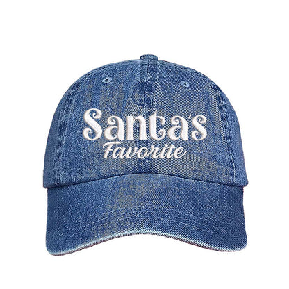 Light Denim Santa’s Favorite Christmas Embroidered Baseball Hat featuring festive white stitching, curved brim, and adjustable strap for a cozy holiday look – DSY Lifestyle