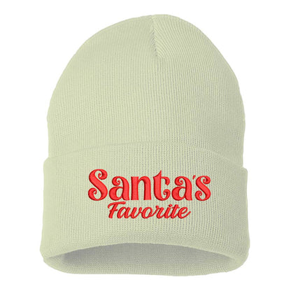Cream with red thread Santa’s Favorite Embroidered Beanie Cap featuring festive red embroidery on soft knit material – DSY Lifestyle