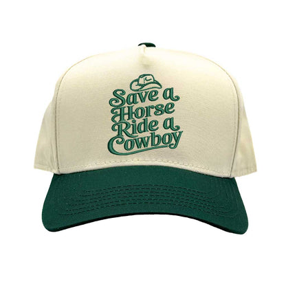 Natural Forest Green Two-Tone 5 Panel Embroidered Baseball Hat structured, mid-to-high profile embroidered “Save a Horse Ride a Cowboy”  - DSY Lifestyle