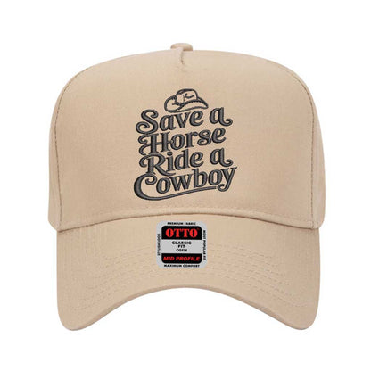 Solid Khaki 5 Panel Embroidered Baseball Hat structured, mid-to-high profile embroidered “Save a Horse Ride a Cowboy”  - DSY Lifestyle