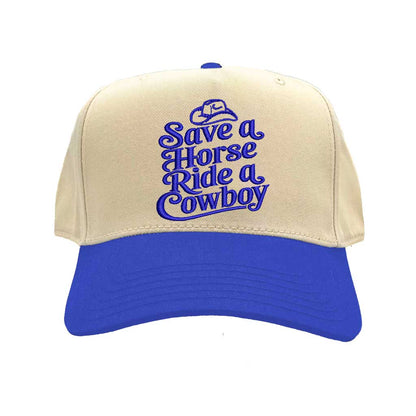 Natural Royal Blue Two-Tone 5 Panel Embroidered Baseball Hat structured, mid-to-high profile embroidered “Save a Horse Ride a Cowboy”  - DSY Lifestyle