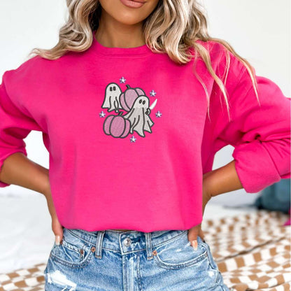 Sheet Ghost Pink Pumpkins Embroidered Sweatshirt | Halloween Ghost Sweatshirt