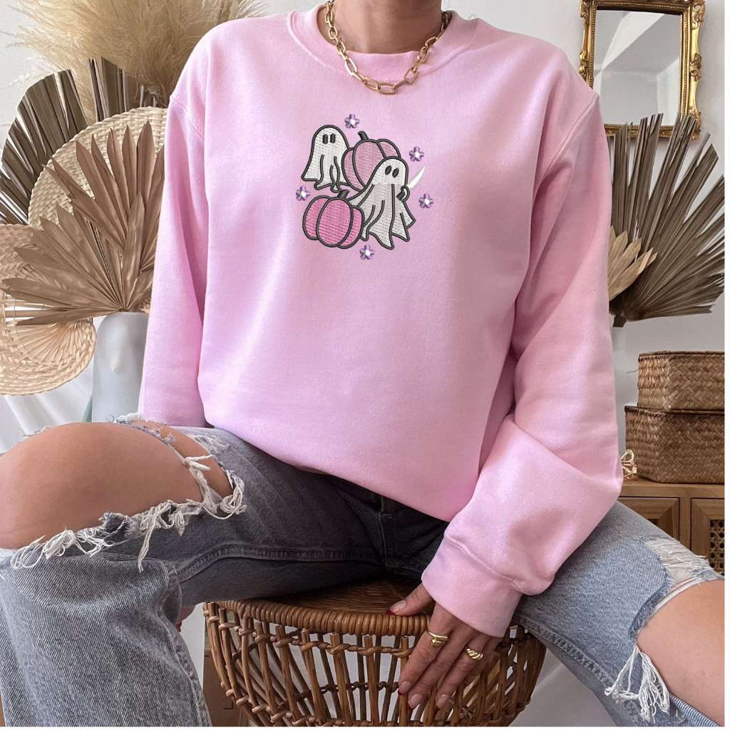 Sheet Ghost Pink Pumpkins Embroidered Sweatshirt | Halloween Ghost Sweatshirt