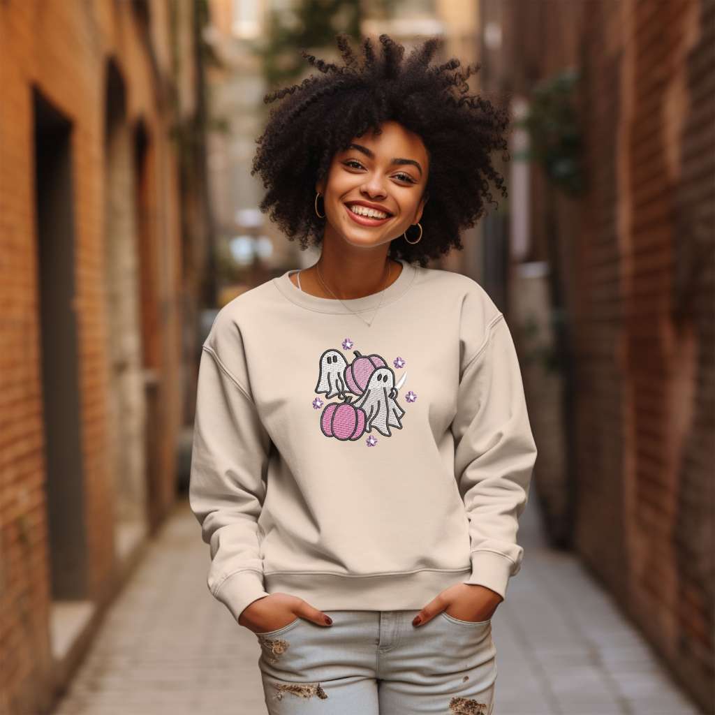 Sheet Ghost Pink Pumpkins Embroidered Sweatshirt | Halloween Ghost Sweatshirt